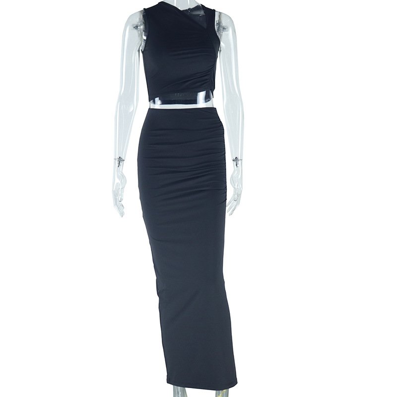 Casual Summer Sleeveless Asymmetrical Crop Top Long Maxi Skirt 2 Piece Set Matching Set Women Two Piece Skirt Set