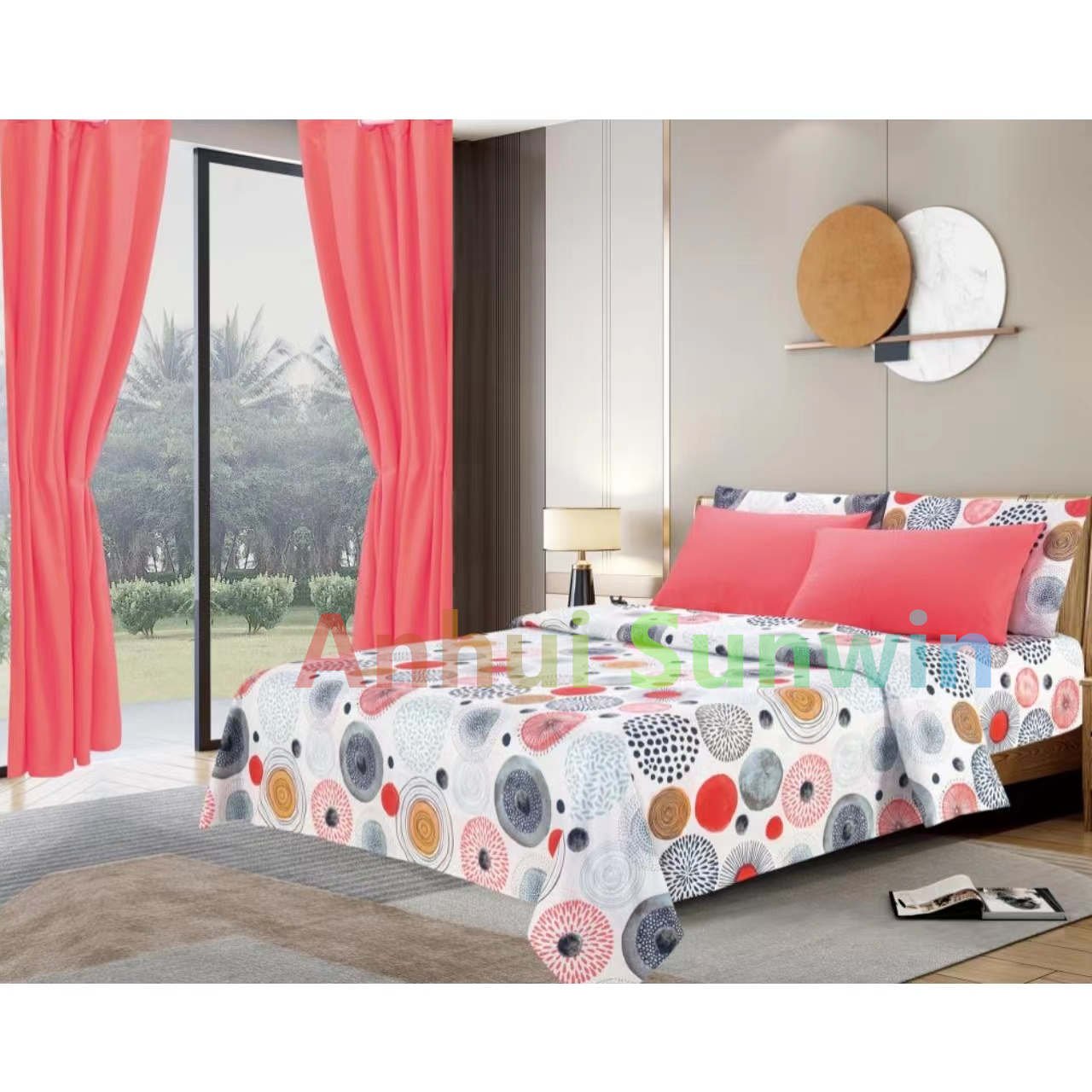 Wholesale 8Pieces bed sheet set with curtains Microfiber Polyester print design comforter set with matching curtains
