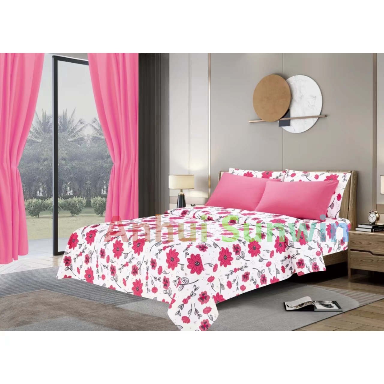 Wholesale 8Pieces bed sheet set with curtains Microfiber Polyester print design comforter set with matching curtains