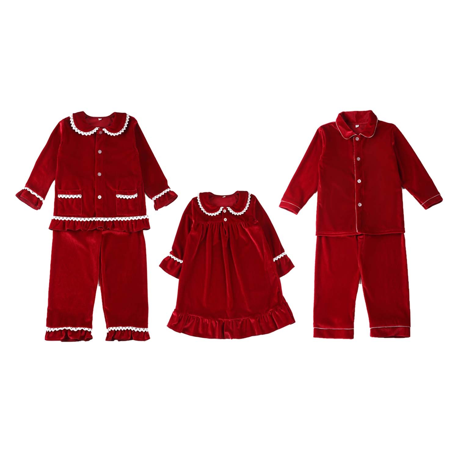 Matching Family NO MOQ Boutique Girls Clothing Green Velvet Fabric Pajama Sets Little Boys Christmas Pyjamas