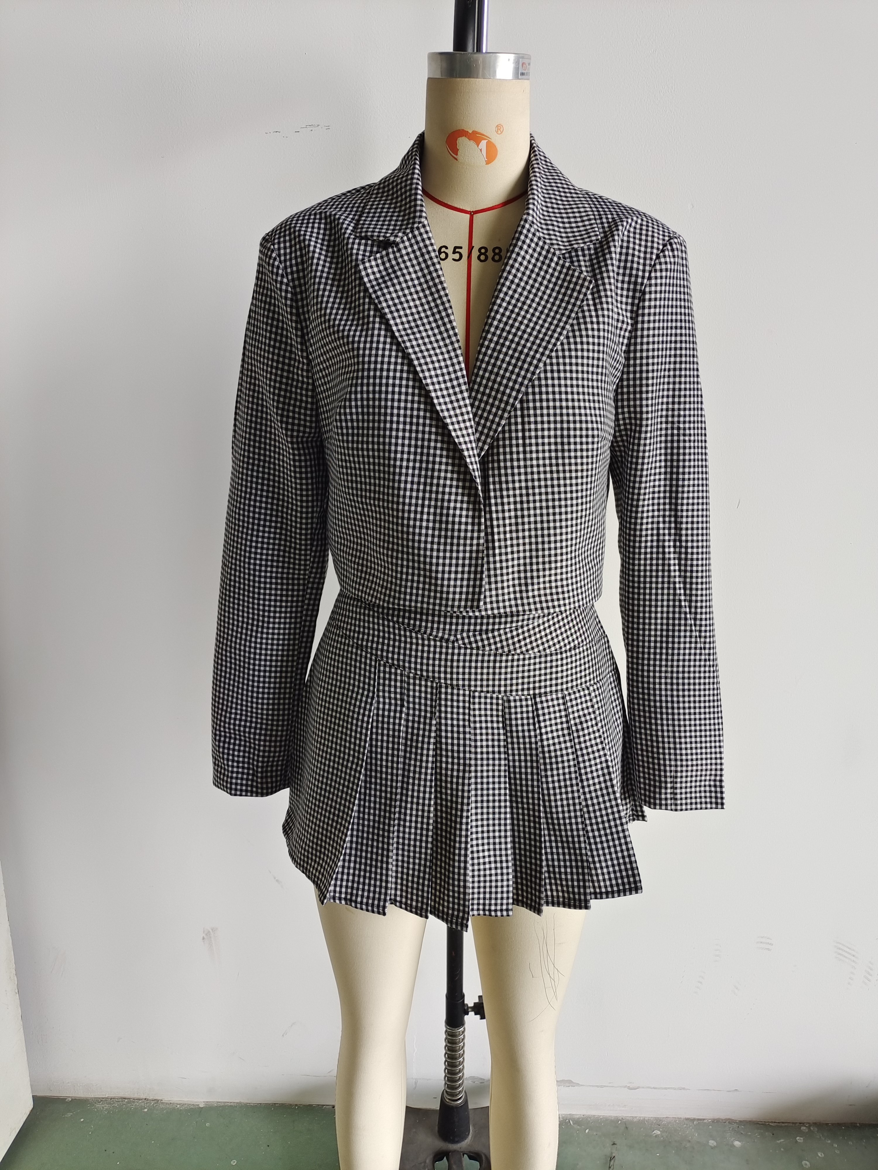 Women Checkered Print Suit Outfits Sets 2024 Summer Casual V Neck Female Blazer Match Sets Plaid Print