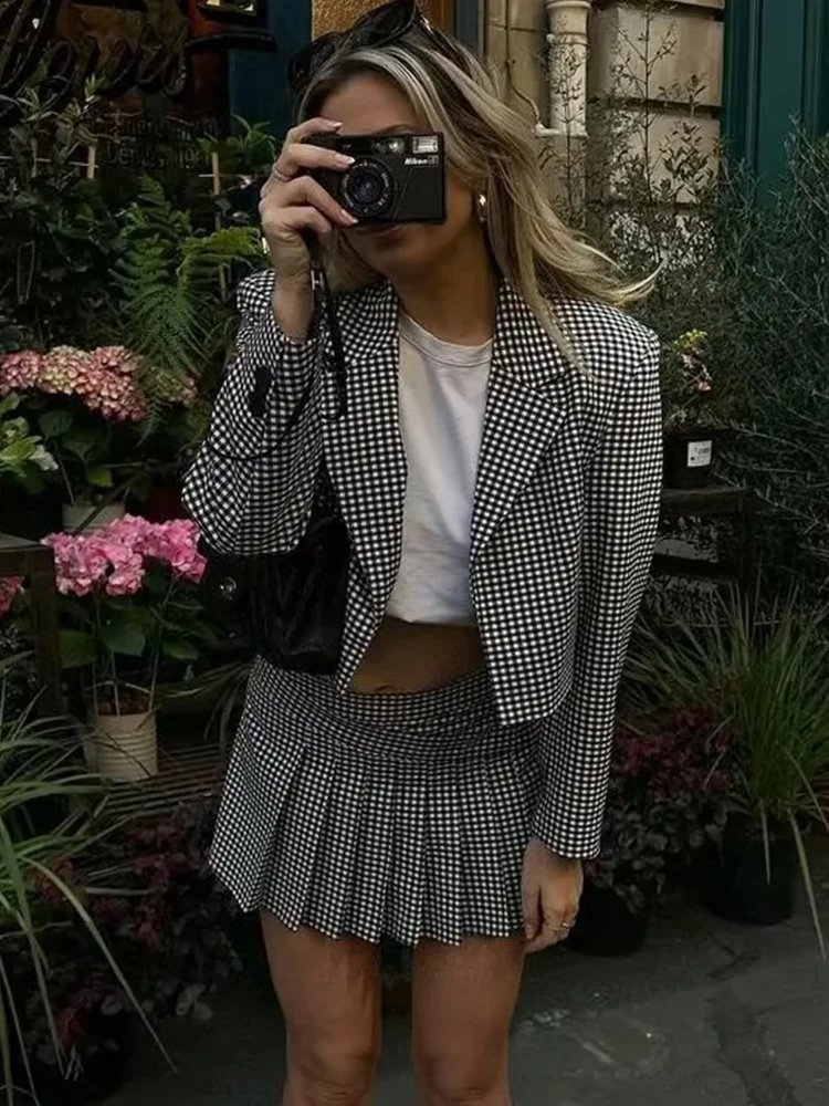 Women Checkered Print Suit Outfits Sets 2024 Summer Casual V Neck Female Blazer Match Sets Plaid Print