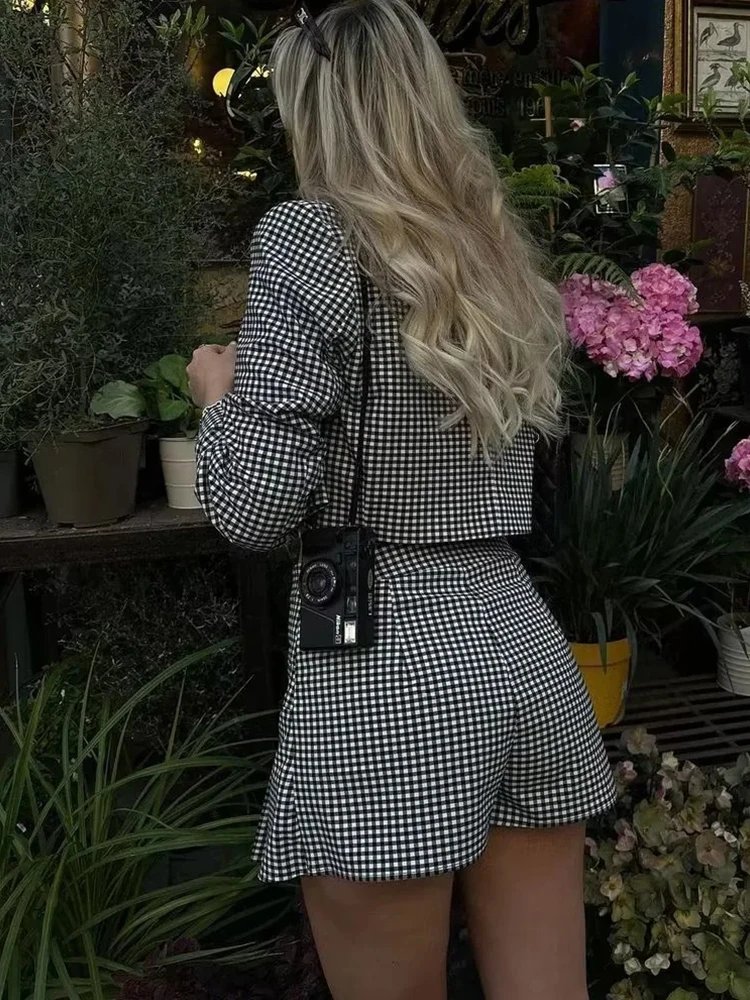 Women Checkered Print Suit Outfits Sets 2024 Summer Casual V Neck Female Blazer Match Sets Plaid Print