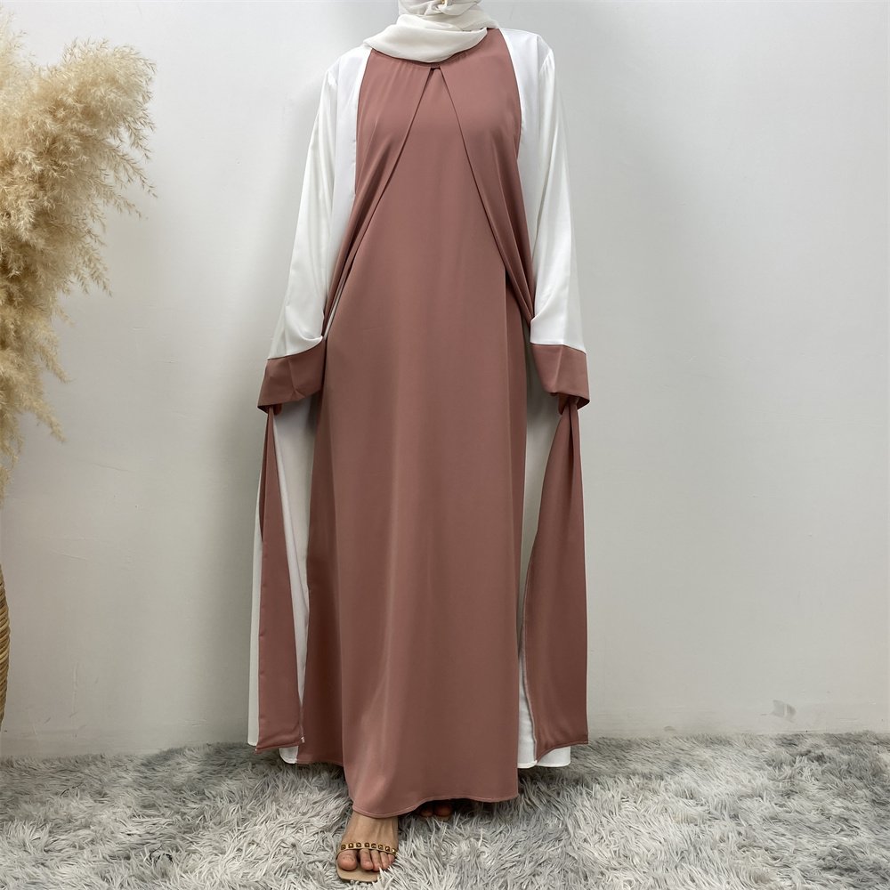 6780#B Latest Chic Nida Material Dress Double Color Matching Faux 2 Pieces Dress Versatile Women Classy Abaya Eid Dress