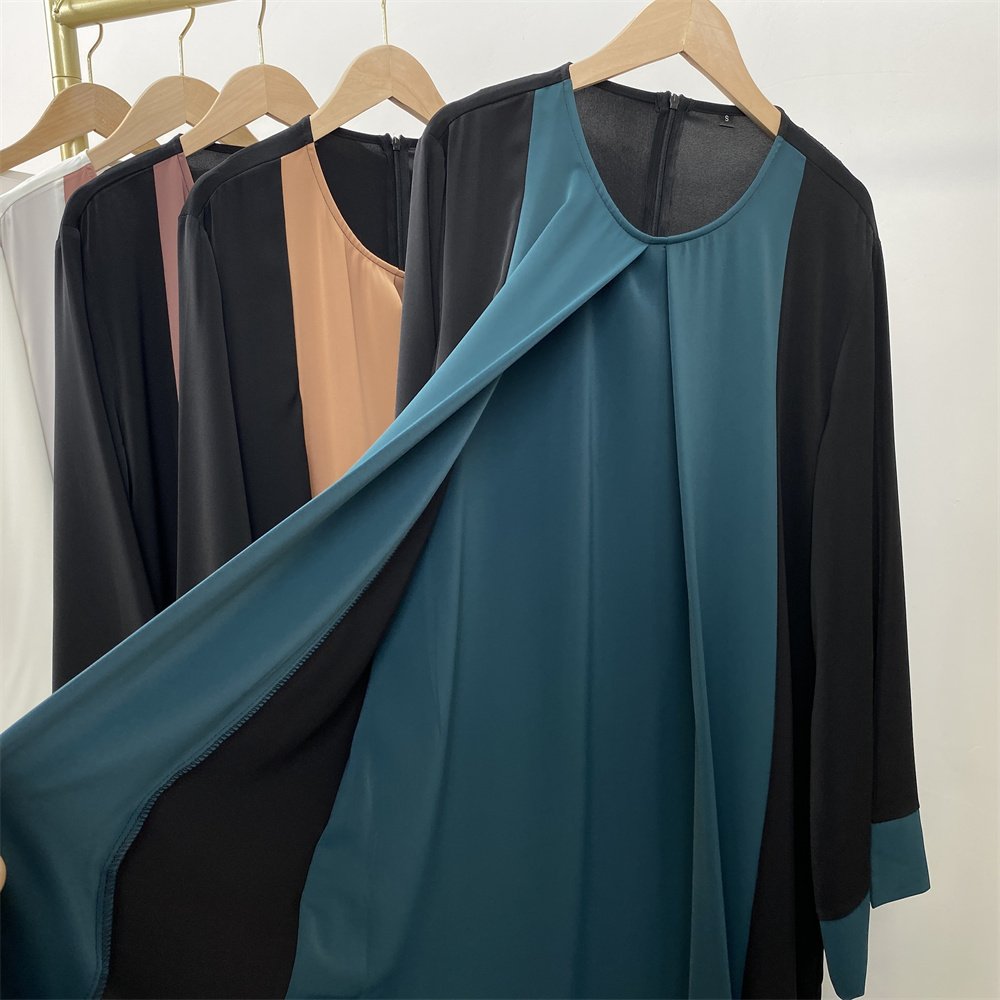 6780#B Latest Chic Nida Material Dress Double Color Matching Faux 2 Pieces Dress Versatile Women Classy Abaya Eid Dress