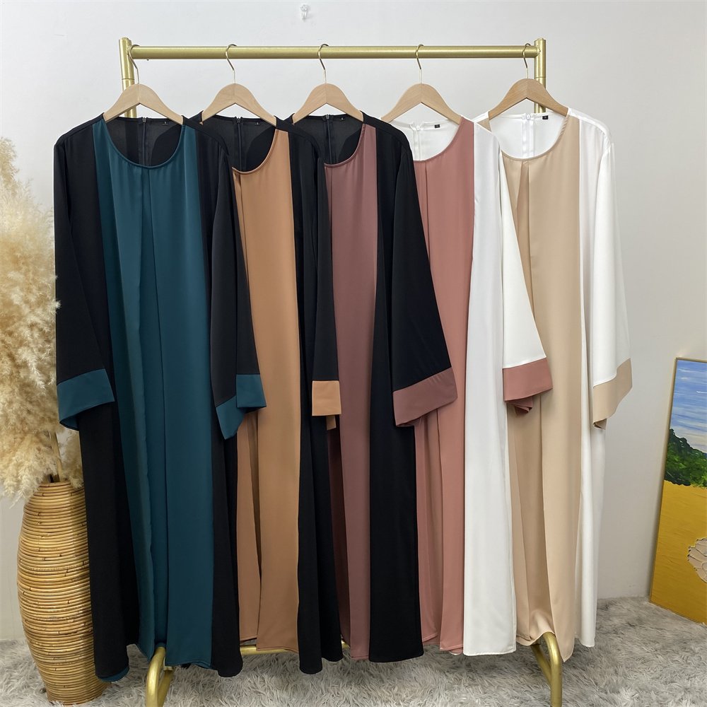 6780#B Latest Chic Nida Material Dress Double Color Matching Faux 2 Pieces Dress Versatile Women Classy Abaya Eid Dress