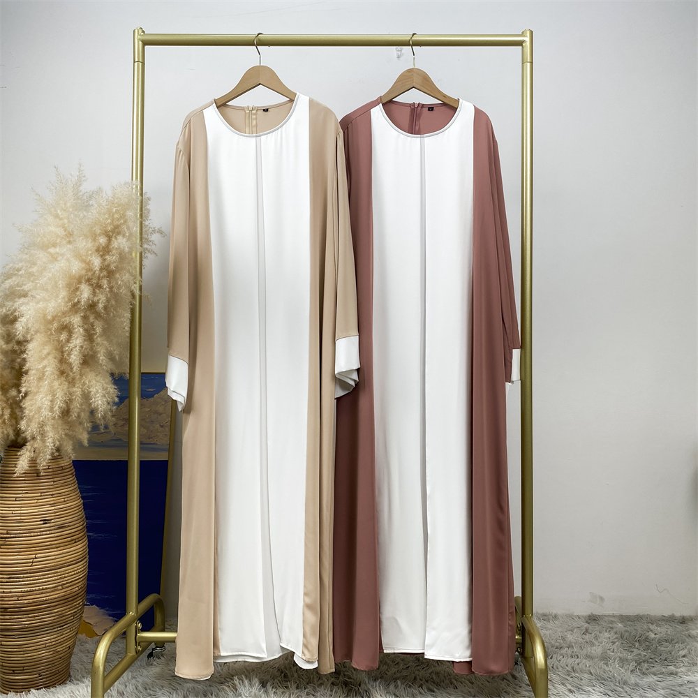 6780#B Latest Chic Nida Material Dress Double Color Matching Faux 2 Pieces Dress Versatile Women Classy Abaya Eid Dress