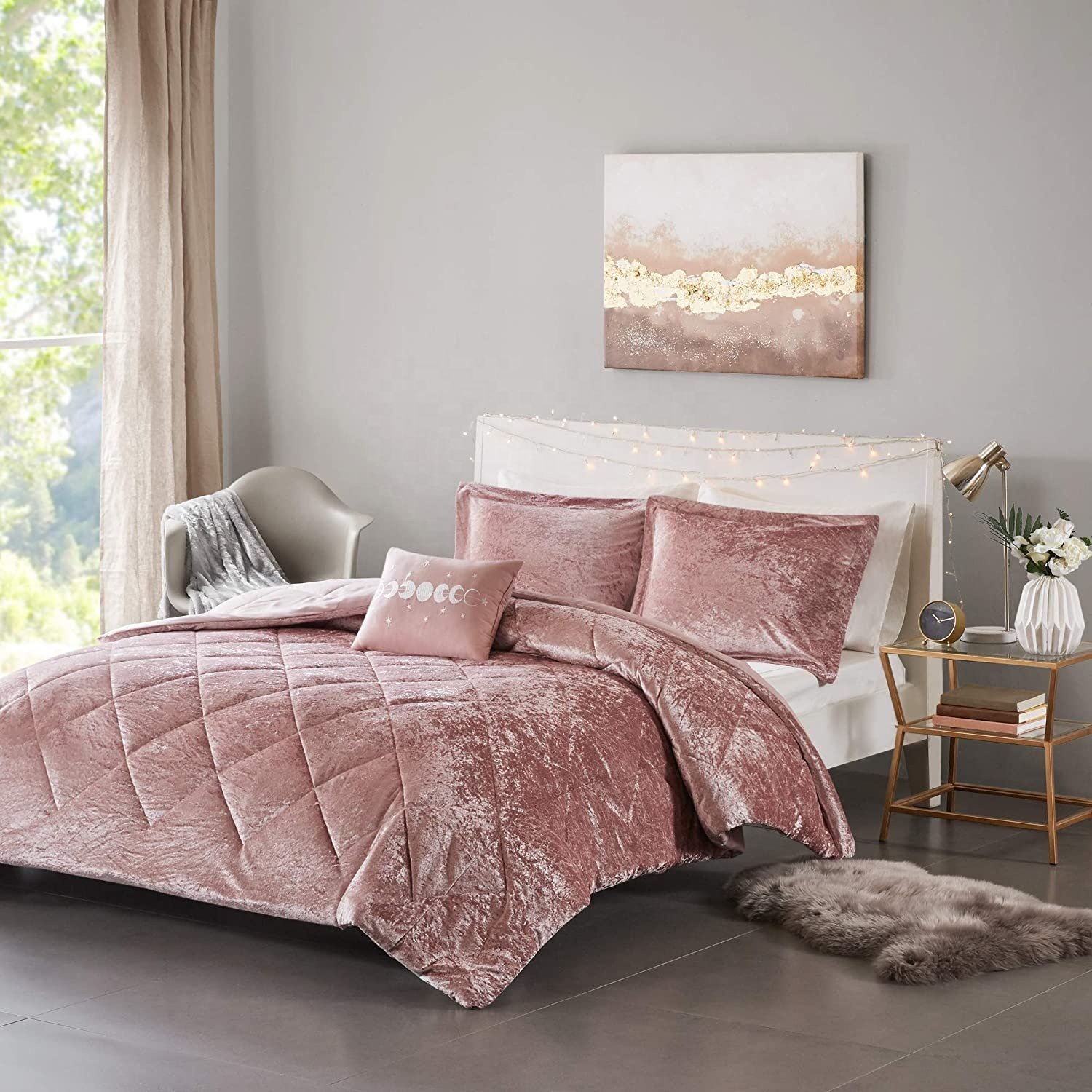MnTYaE Comforter Velvet Lush Double Sided Diamond Quilting Modern All Season Bedding Set with Matching Sham 4pcs Sets