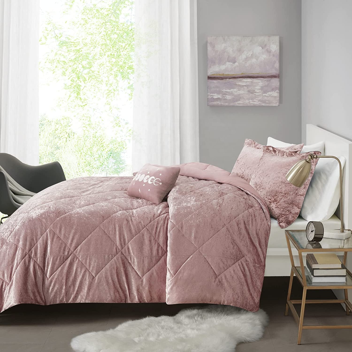 MnTYaE Comforter Velvet Lush Double Sided Diamond Quilting Modern All Season Bedding Set with Matching Sham 4pcs Sets