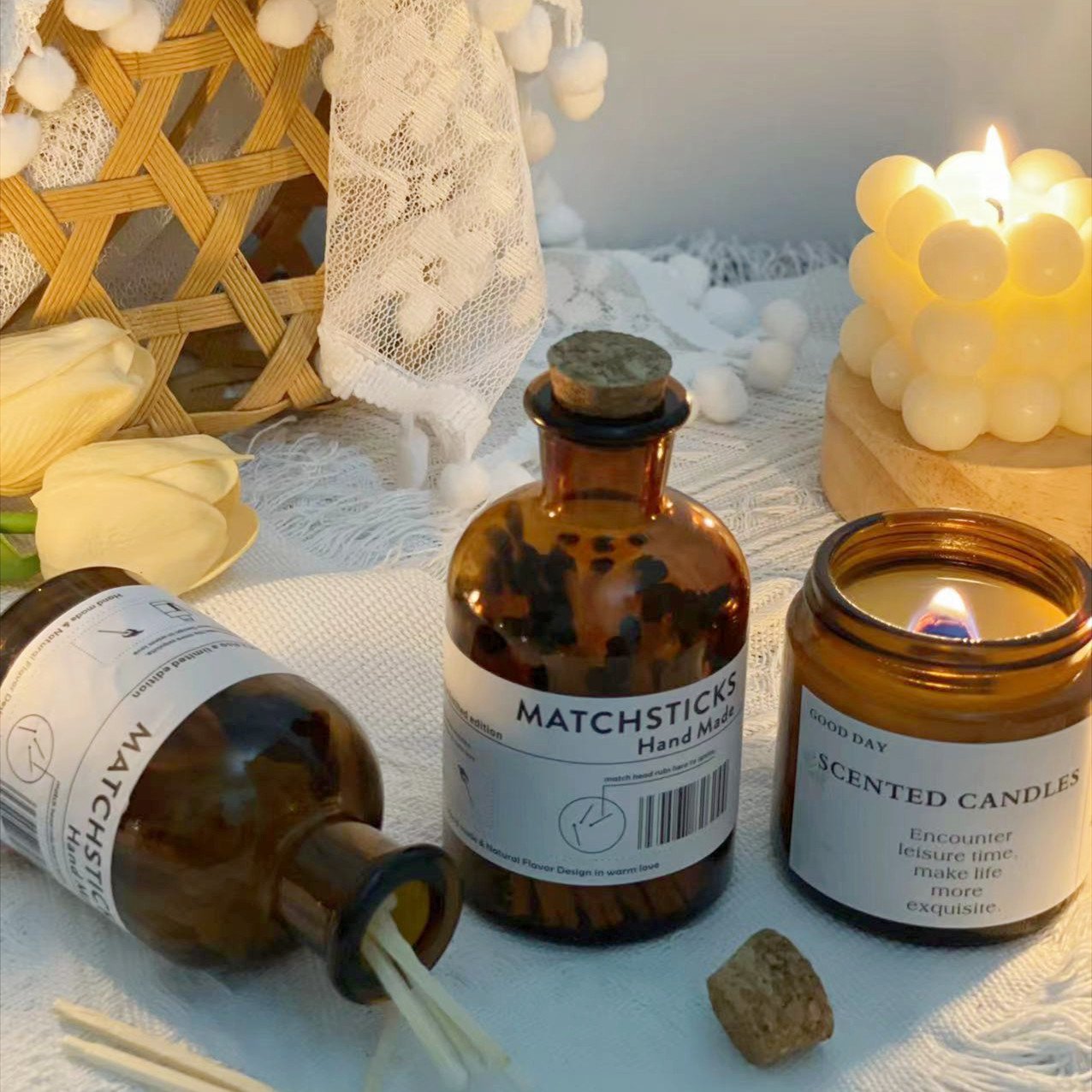 Safety Allumettes Candle Matchsticks Colorful Match Decorative Custom Logo Long Black Wooden Stick Glass bottle of matches