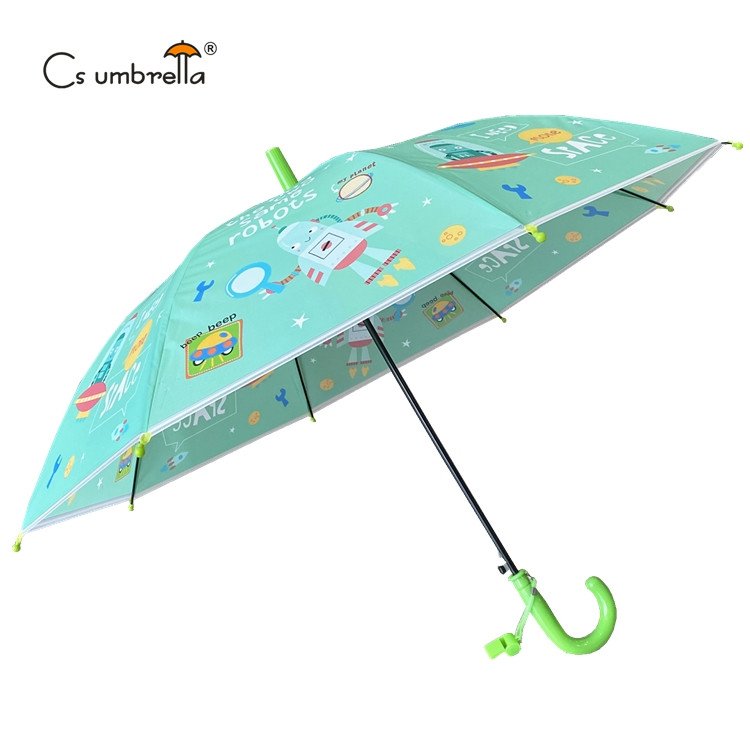 YS-6023 Hot Sell Lovely Robot Series Umbrella With Whistle Match color Handle And Tips Auto Open POE Umbrella For Kids