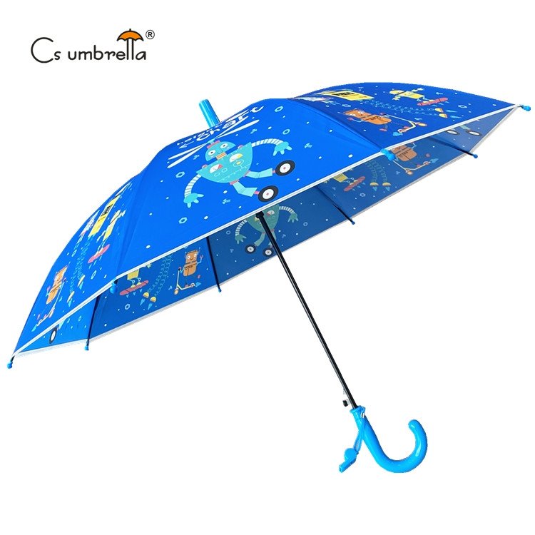 YS-6023 Hot Sell Lovely Robot Series Umbrella With Whistle Match color Handle And Tips Auto Open POE Umbrella For Kids