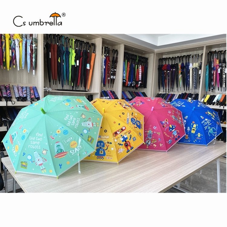 YS-6023 Hot Sell Lovely Robot Series Umbrella With Whistle Match color Handle And Tips Auto Open POE Umbrella For Kids