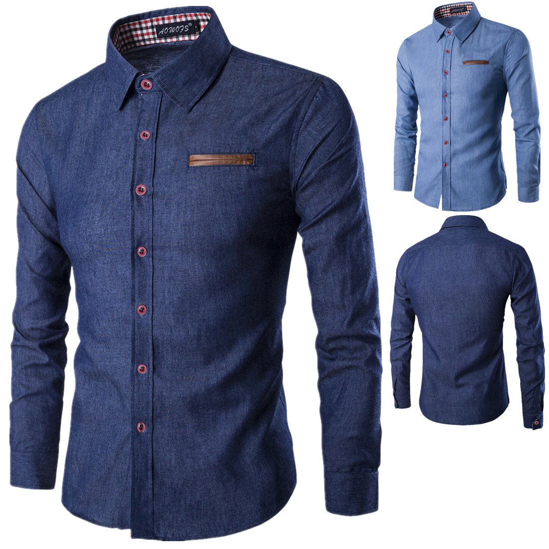 2021 New Fashion Men Gentleman Long Sleeve Lapel Button Down Pocket Matching PU Leather Spring Autumn Cowboy Tops Casual Shirt