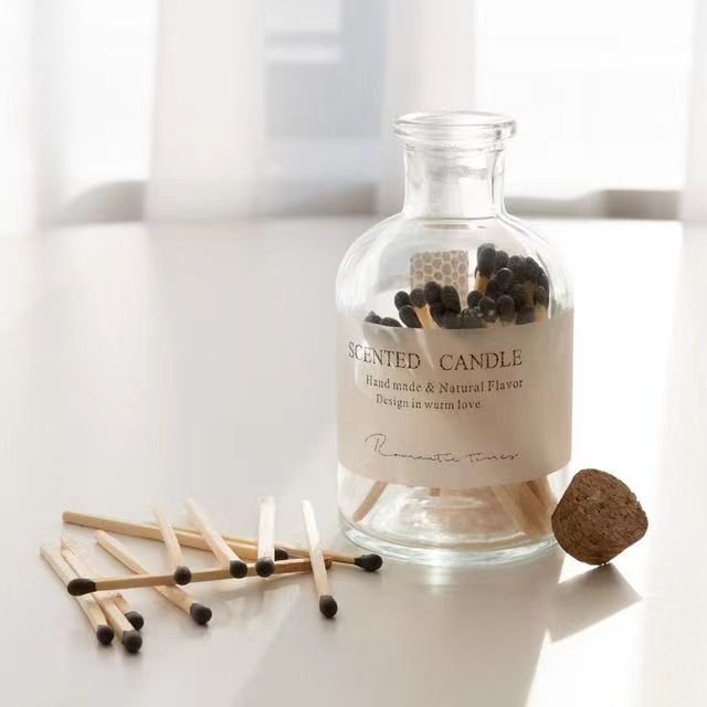 Transparent round glass bottle match wood match in glass bottle
