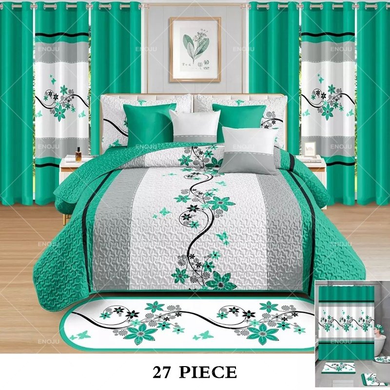 Hot sale 27 pieces quilt bedspread with matching curtains ready to ship customized bedspreads king size sets with bathroom set