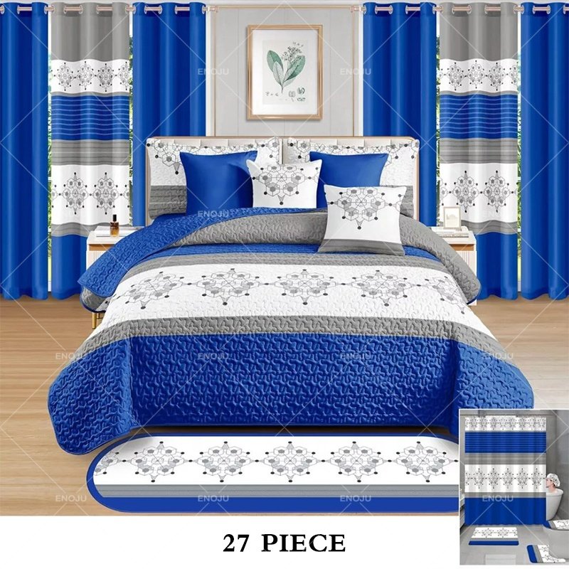 Hot sale 27 pieces quilt bedspread with matching curtains ready to ship customized bedspreads king size sets with bathroom set
