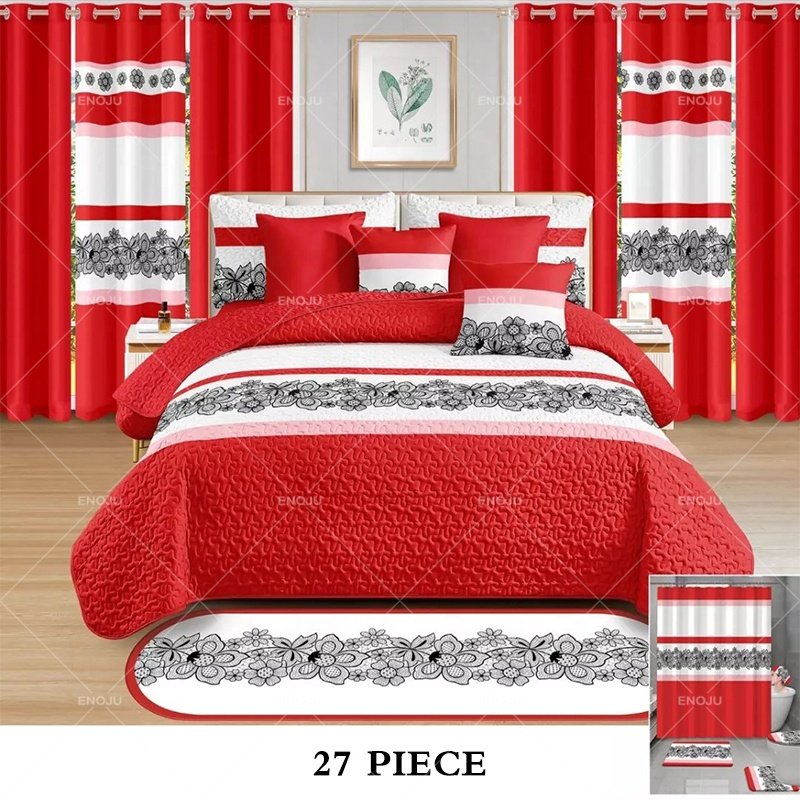 Hot sale 27 pieces quilt bedspread with matching curtains ready to ship customized bedspreads king size sets with bathroom set