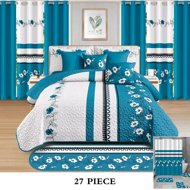 Hot sale 27 pieces quilt bedspread with matching curtains ready to ship customized bedspreads king size sets with bathroom set