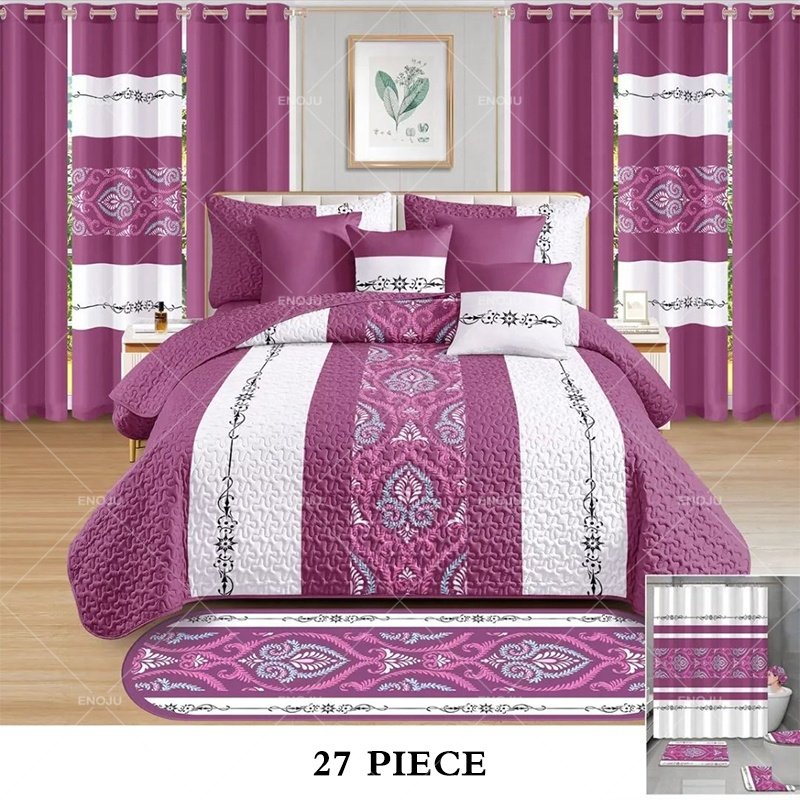 Hot sale 27 pieces quilt bedspread with matching curtains ready to ship customized bedspreads king size sets with bathroom set
