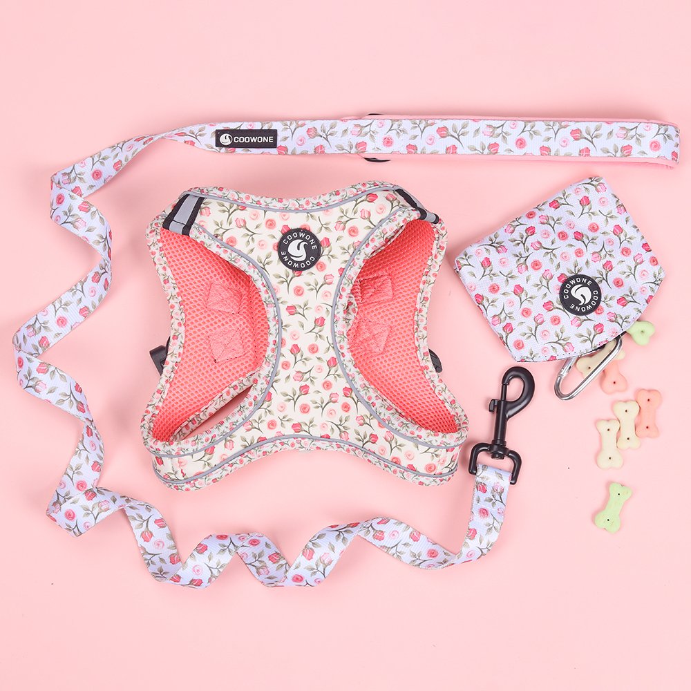 Custom Dog Harness Set Luxury Pet Harness Dog Leash Harness Dog Collar Matching Poop Bag Dispenser