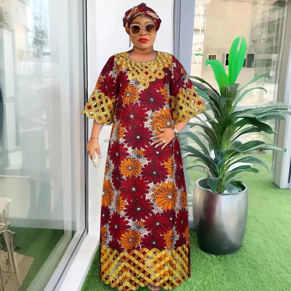 African Best Selling New Fashion Floral Boubou Premium Wax Material Dress Set With Matching Scarf For Women K0656