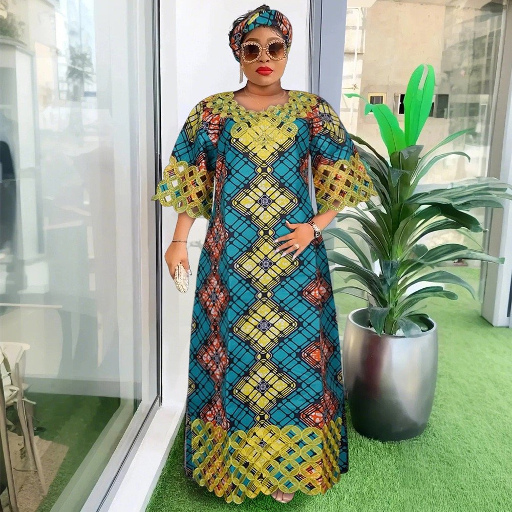 African Best Selling New Fashion Floral Boubou Premium Wax Material Dress Set With Matching Scarf For Women K0656