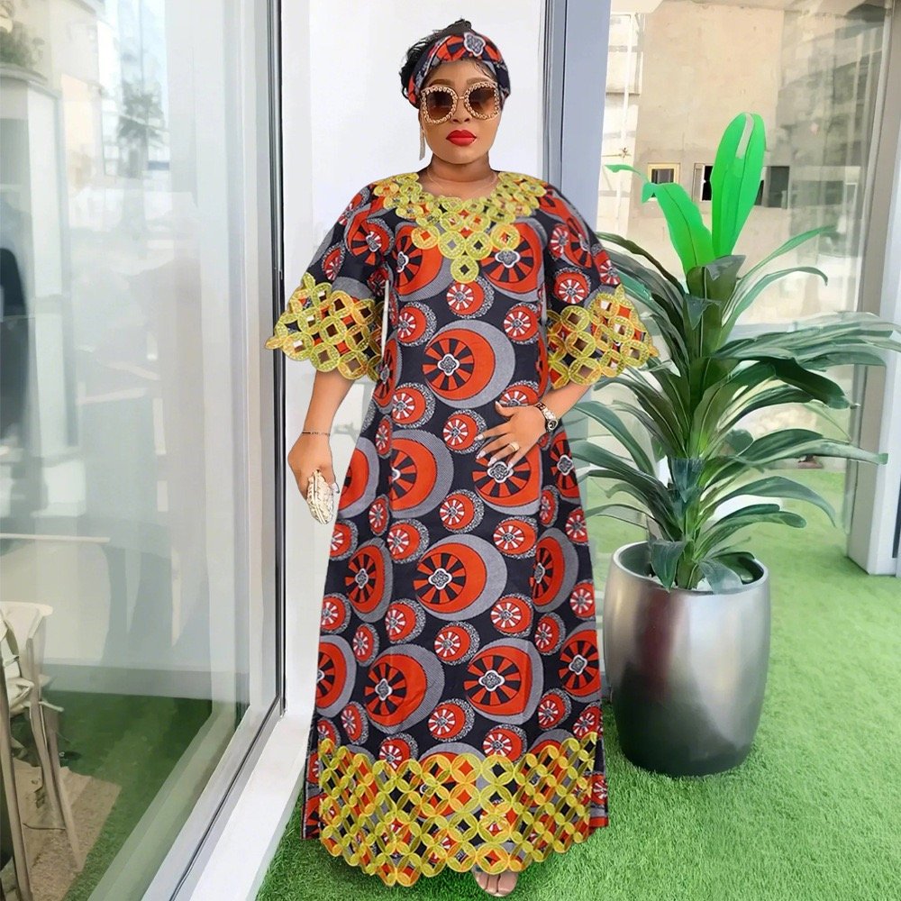 African Best Selling New Fashion Floral Boubou Premium Wax Material Dress Set With Matching Scarf For Women K0656