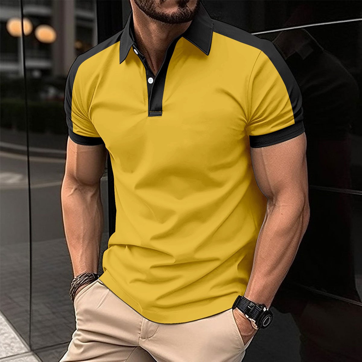 2024 Men's Polo Shirt Summer Solid Color Turn-Down Collar Color Match Button Short Elastic Sleeve Business Top