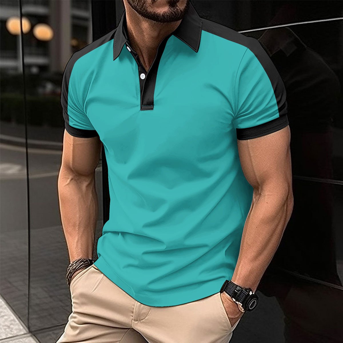 2024 Men's Polo Shirt Summer Solid Color Turn-Down Collar Color Match Button Short Elastic Sleeve Business Top