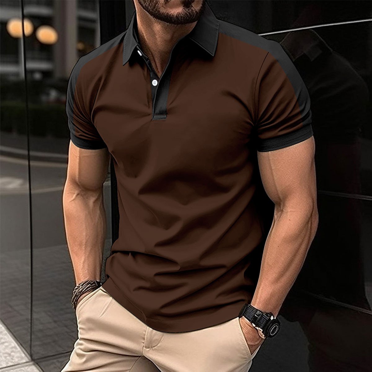 2024 Men's Polo Shirt Summer Solid Color Turn-Down Collar Color Match Button Short Elastic Sleeve Business Top