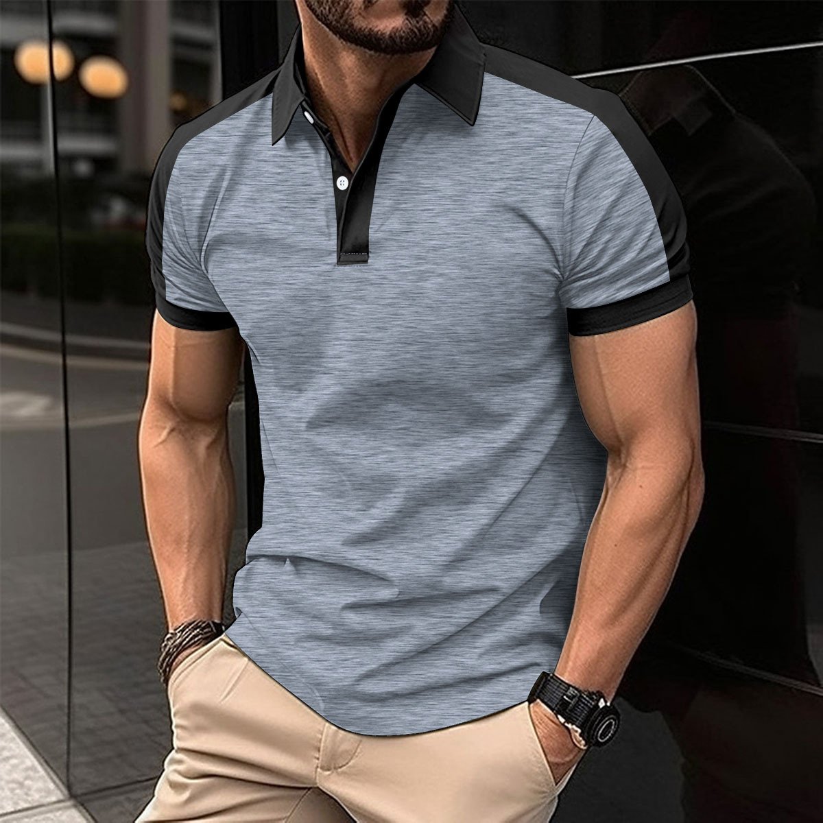 2024 Men's Polo Shirt Summer Solid Color Turn-Down Collar Color Match Button Short Elastic Sleeve Business Top