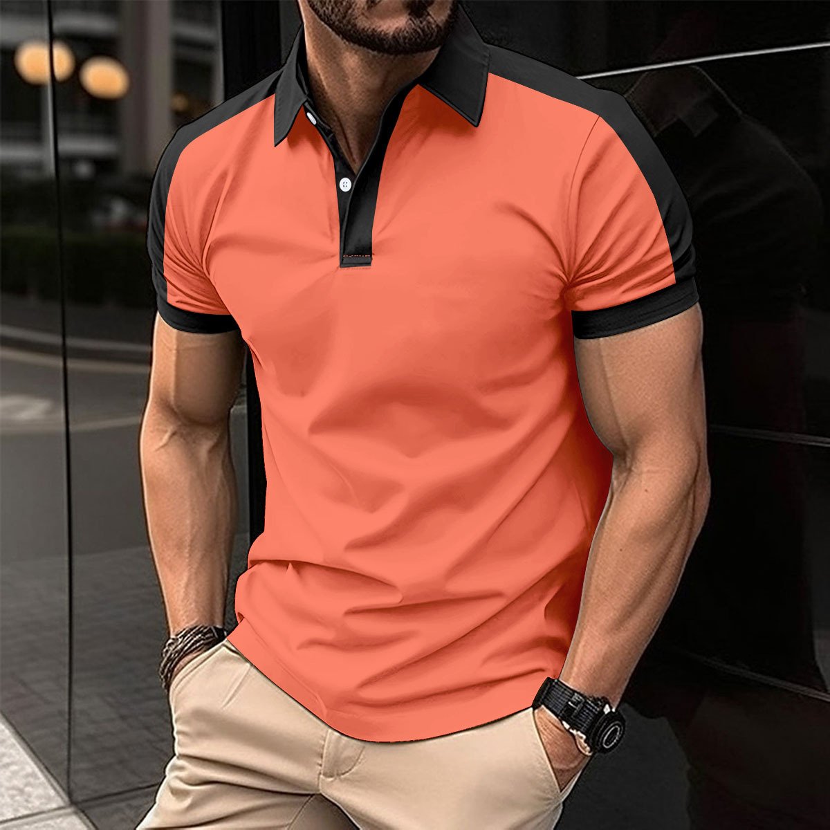 2024 Men's Polo Shirt Summer Solid Color Turn-Down Collar Color Match Button Short Elastic Sleeve Business Top