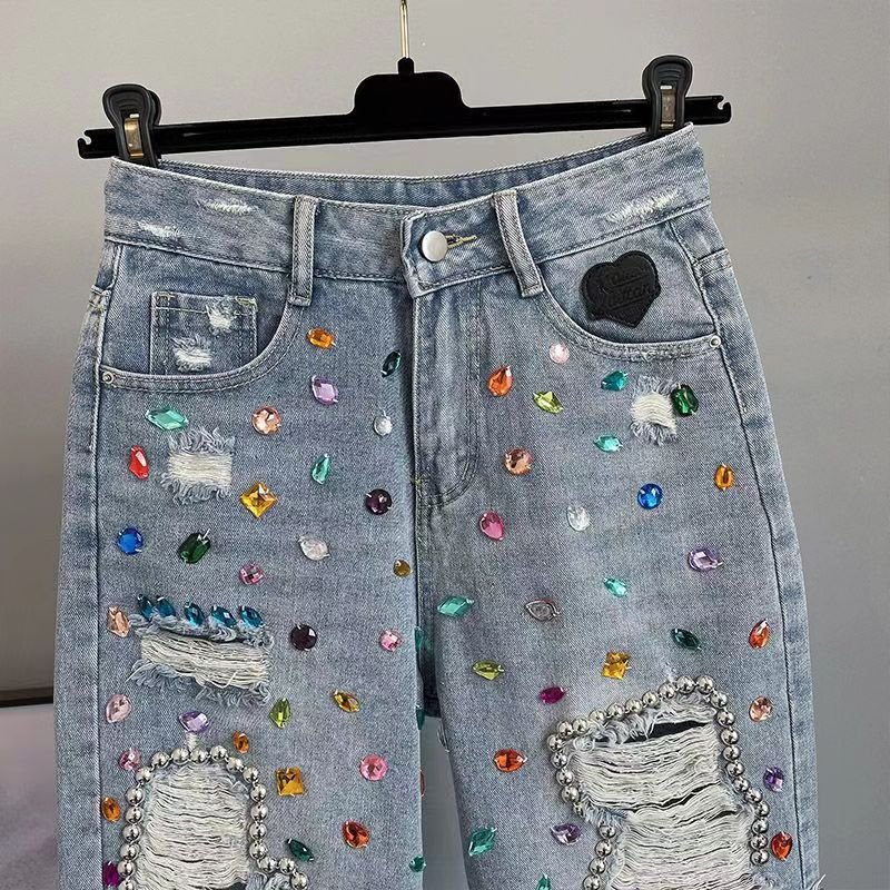 QY8250 Street Rhinestone Beaded High Waist Denim Shorts Women Summer New Slim Fit All-Match Ripped Short Jeans Tassel Hot Pants