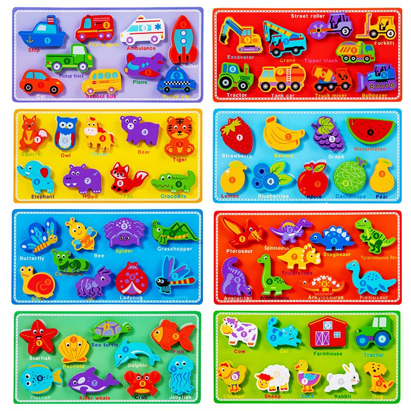 YUCI Montessori Animal Cognition Toy Educational Children magic Matching Board 3D Wooden Puzzles Toys for Kids Boys Girls