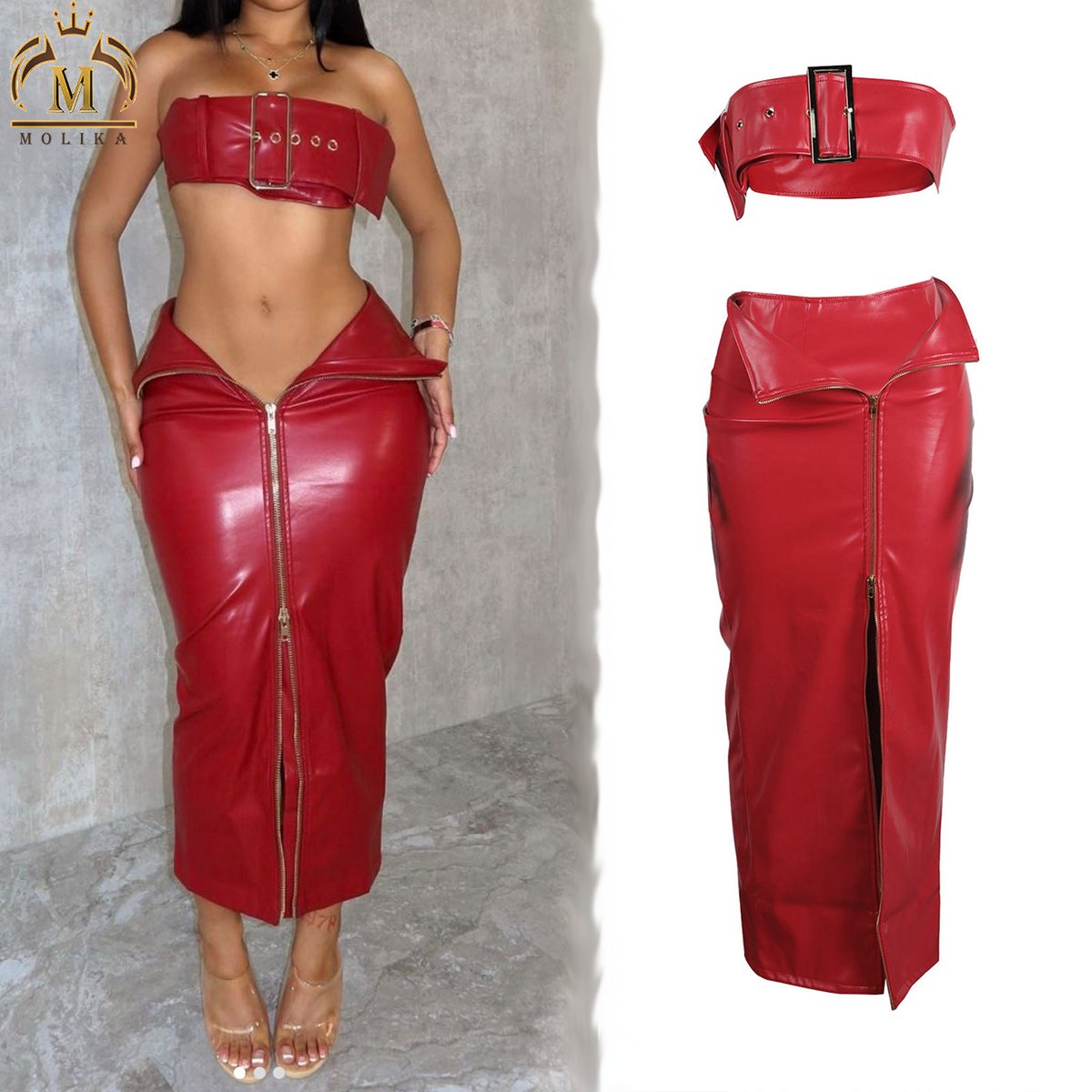 New Arrivals Trendy Women Outfits Pu Leather Crop+Skirts Matching Set Sexy Leather Skirt Two Piece Sets Women Elegant Clothing