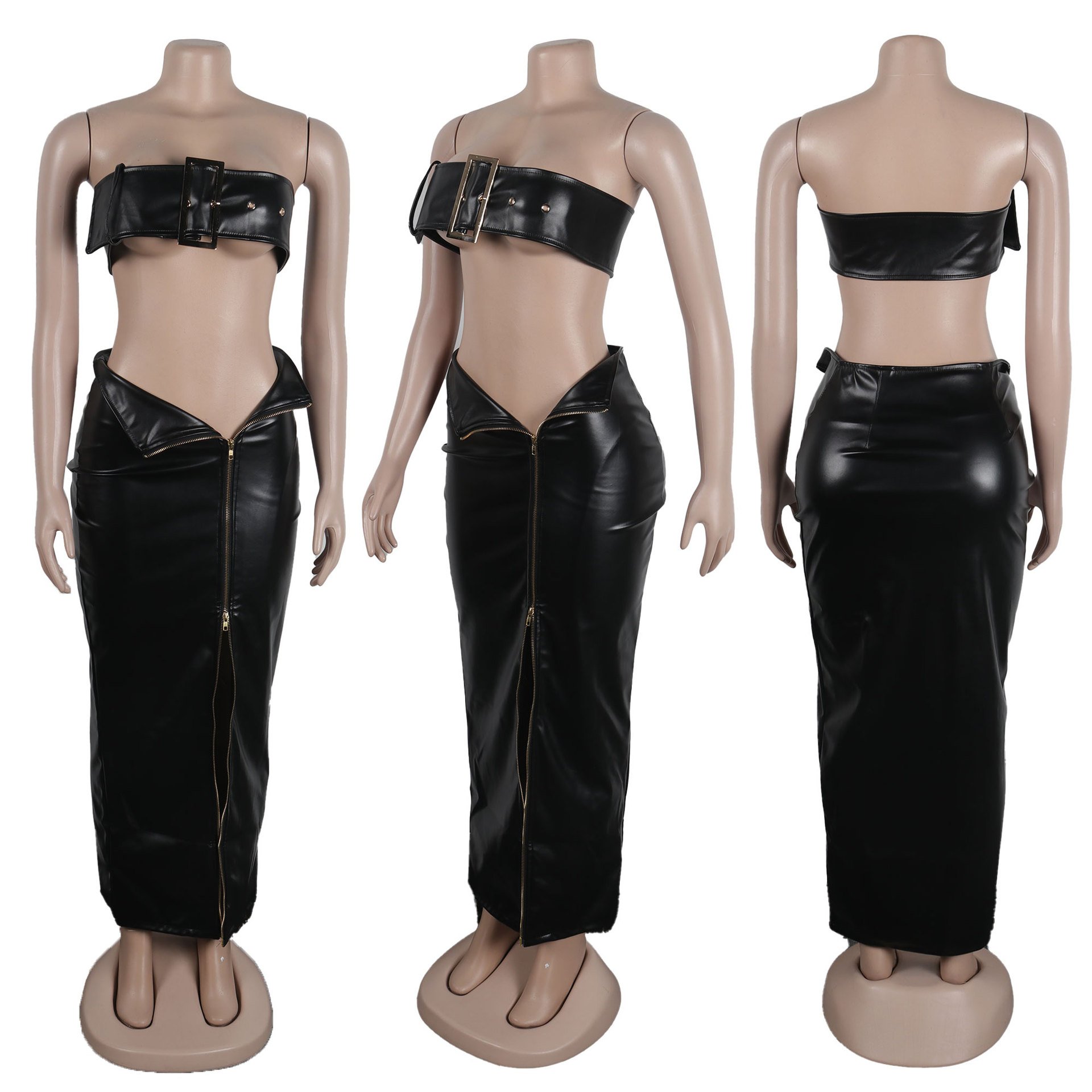 New Arrivals Trendy Women Outfits Pu Leather Crop+Skirts Matching Set Sexy Leather Skirt Two Piece Sets Women Elegant Clothing