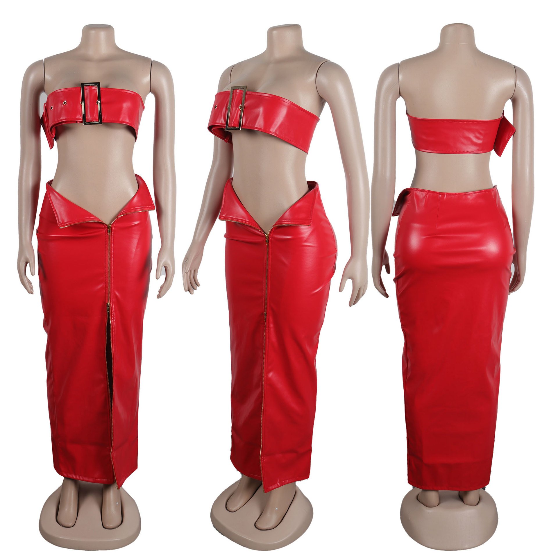 New Arrivals Trendy Women Outfits Pu Leather Crop+Skirts Matching Set Sexy Leather Skirt Two Piece Sets Women Elegant Clothing