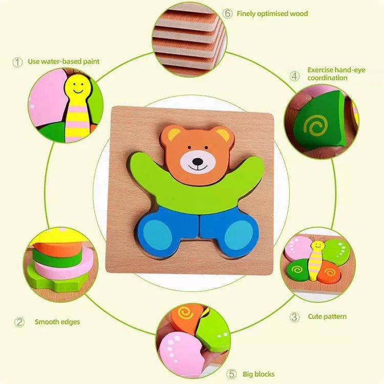 Wooden 3d Puzzle Montessori Game Toys Wood Puzzle Educational Toys Jigsaw Puzzle for Kids Animal PVC OEM Unisex Plastic Cover
