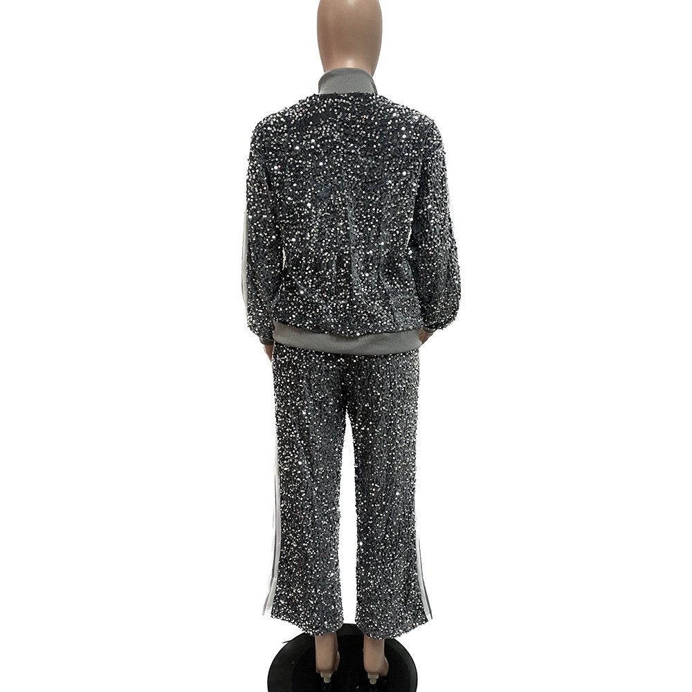 GT9146 Autumn Sequin Long Sleeve Stand Collar Matching Jogger Pants 2 Piece Track Suit Set For Women Street Casual Wear