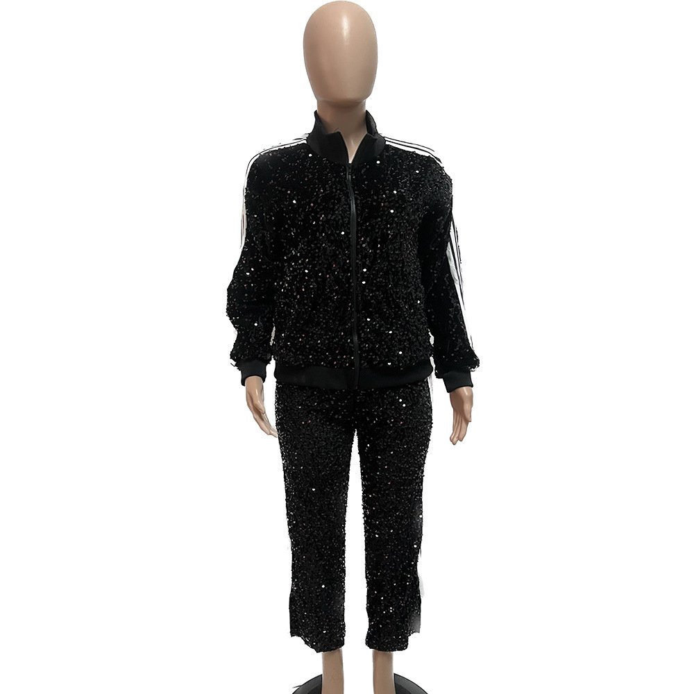 GT9146 Autumn Sequin Long Sleeve Stand Collar Matching Jogger Pants 2 Piece Track Suit Set For Women Street Casual Wear