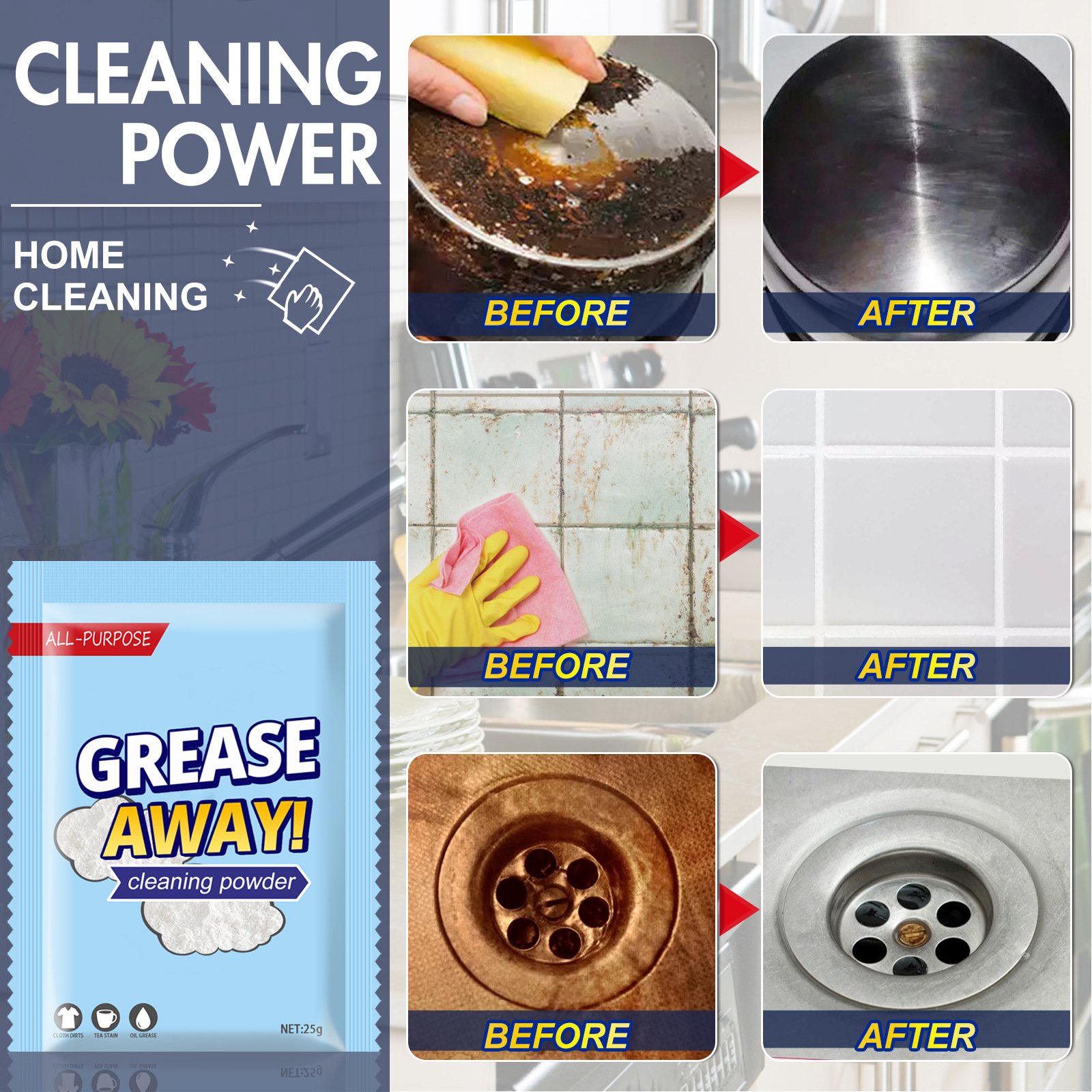 safe health Kitchen Decontamination Powder Clean Oil Stain Cleaning Powder Multipurpose Household Effective Grease Cleaner