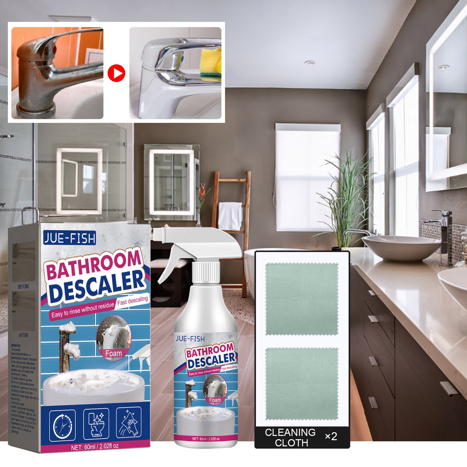 Jue-Fish Wholesale Bathroom Cleaner Spray Shower Room Glass Scale Descaler Basin Bathtub Stainless Steel Stain Remover Detergent