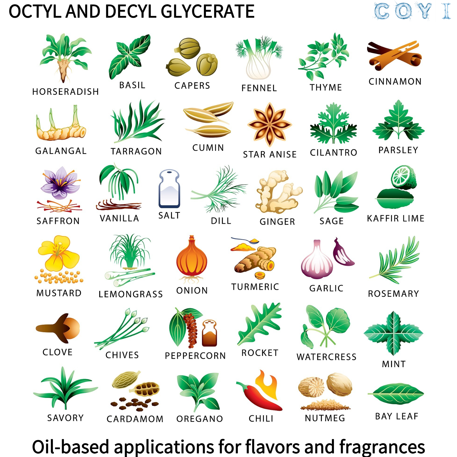 COYI ODO OCTYL and DECYL GLYCERATE Organic Chemical Food Additives Flavors Fragrances Oil Base Emulsion Stabilizers Diluents
