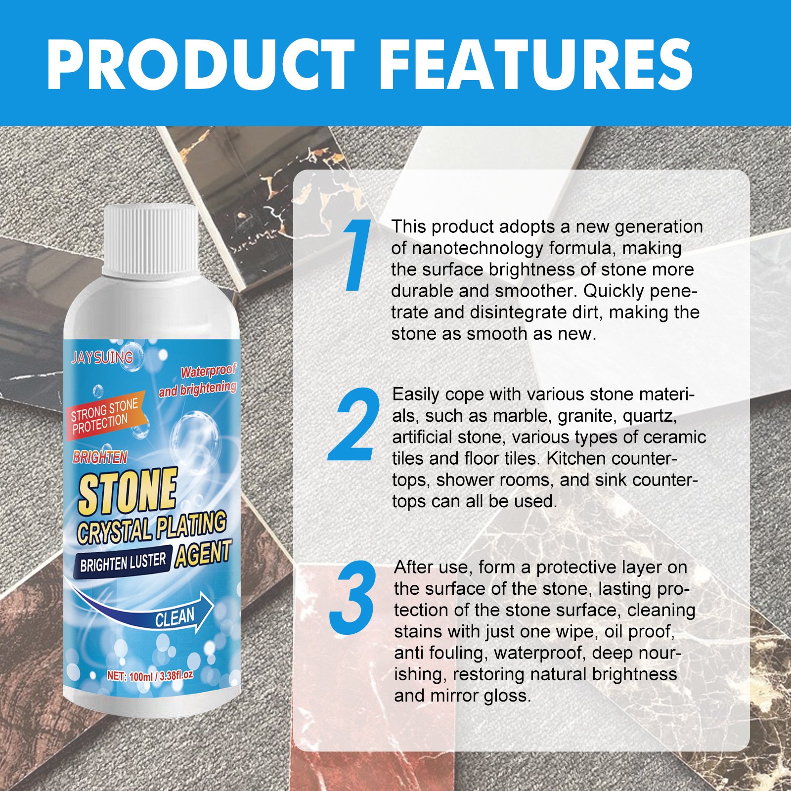 Kitchen quartz tile countertop scratch repair cleaning stain brightener stone crystal plating agent