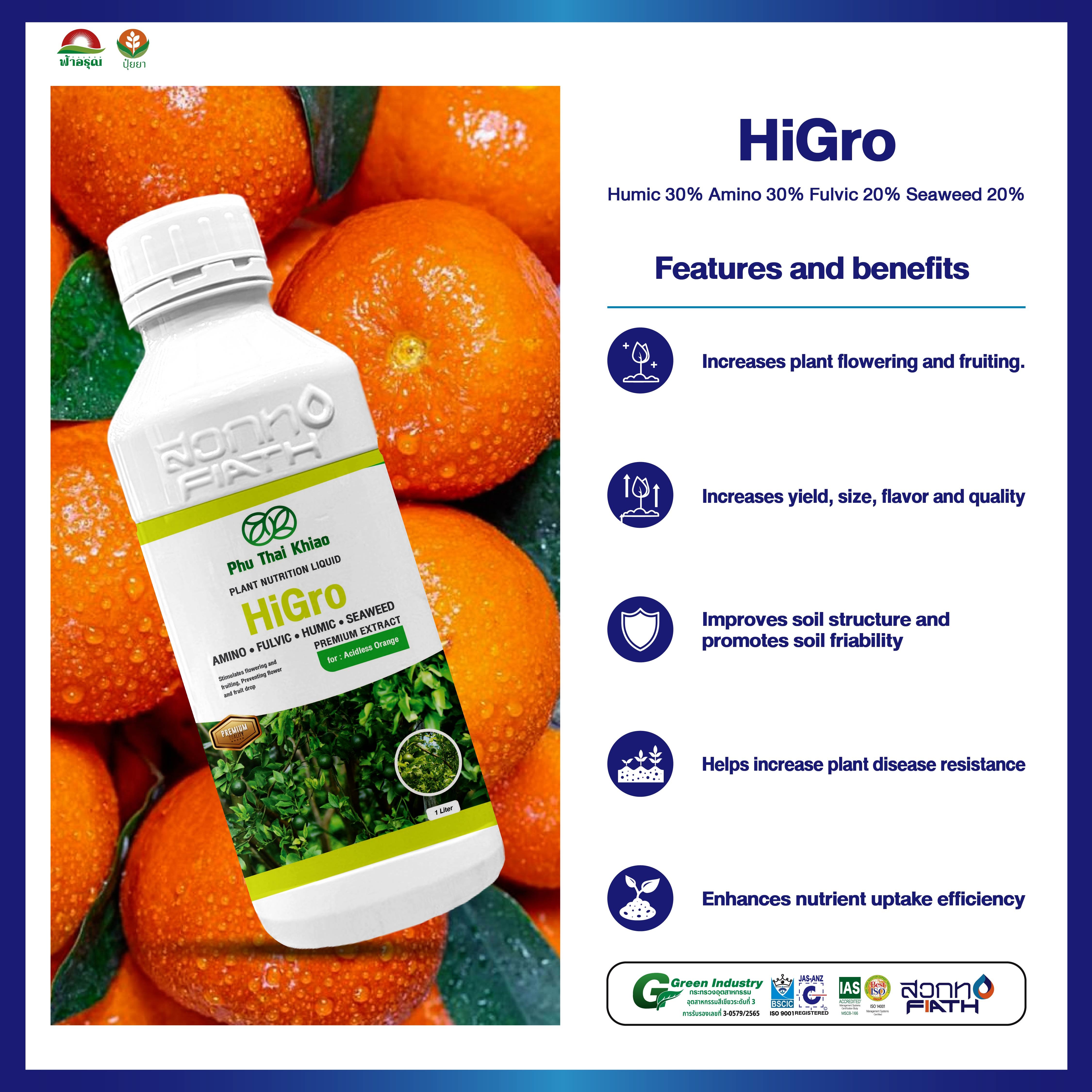 HiGro Organic Liquid Fertilizer Plant Nutrition with Humic Fulvic Amino Acids Seaweed Extract Acidless Orange from Thailand