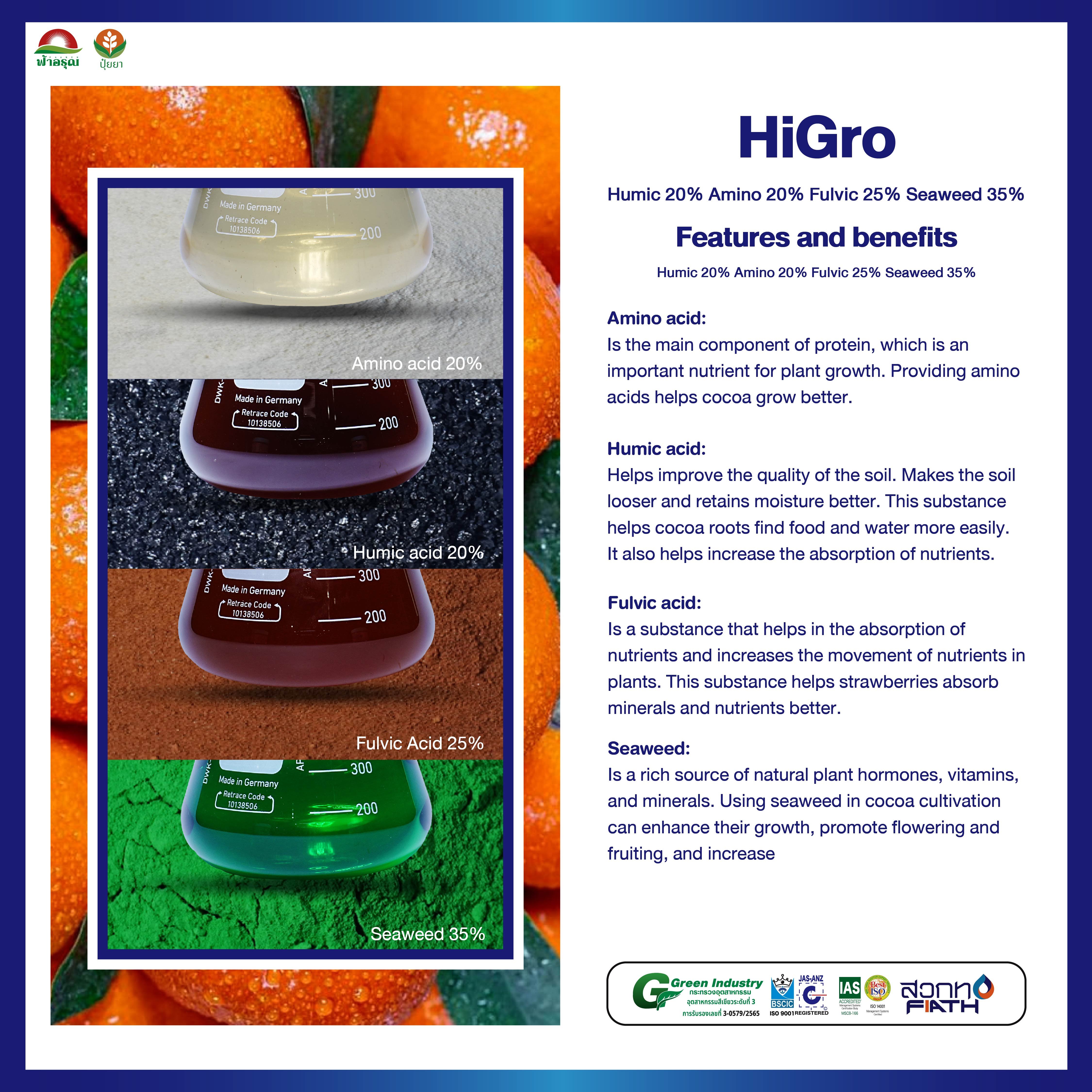 HiGro Organic Liquid Fertilizer Plant Nutrition with Humic Fulvic Amino Acids Seaweed Extract Acidless Orange from Thailand