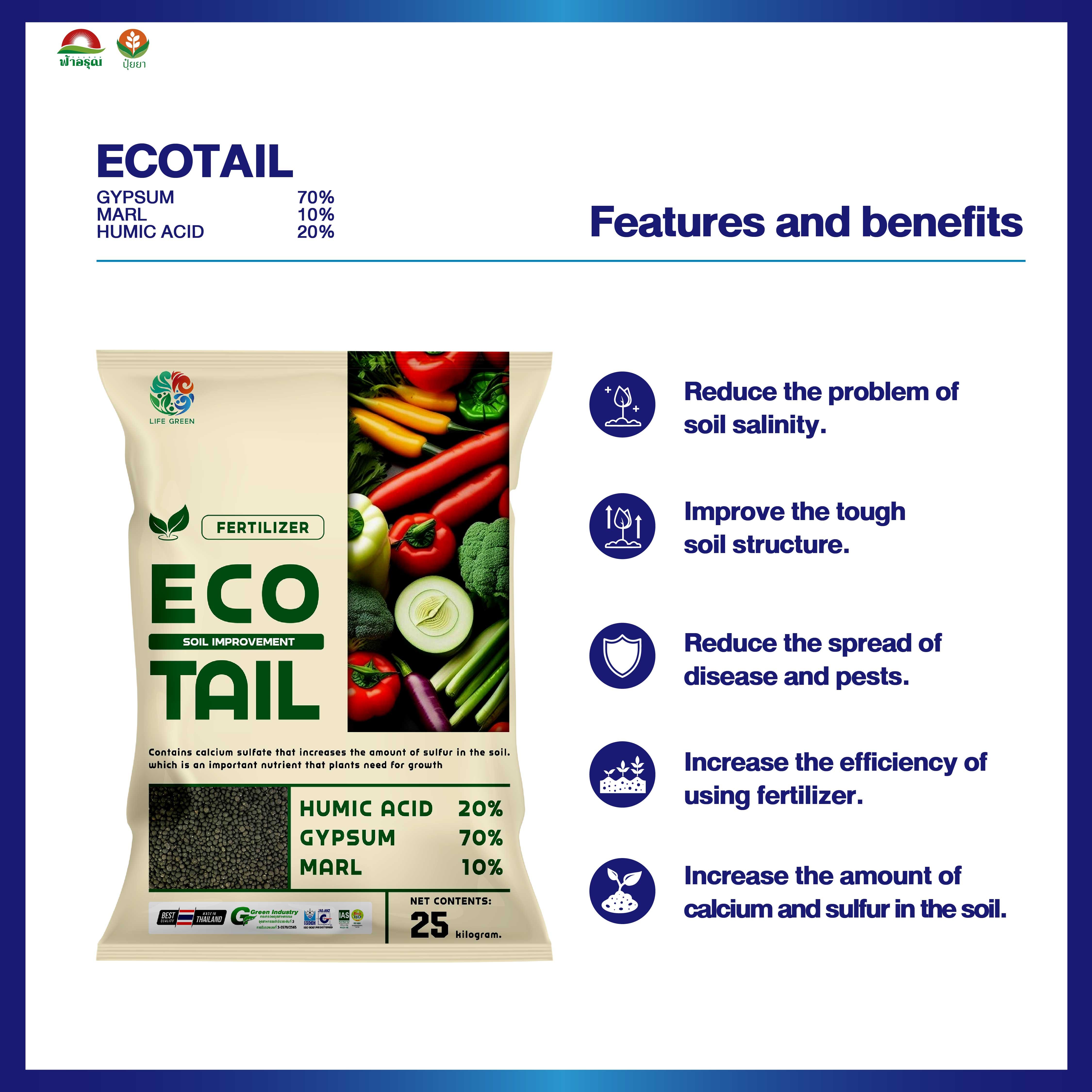 ECOTAIL Organic Fertilizer Granules from Thailand Gypsum Marl Humic Acid Soil Improver for Plant Agriculture
