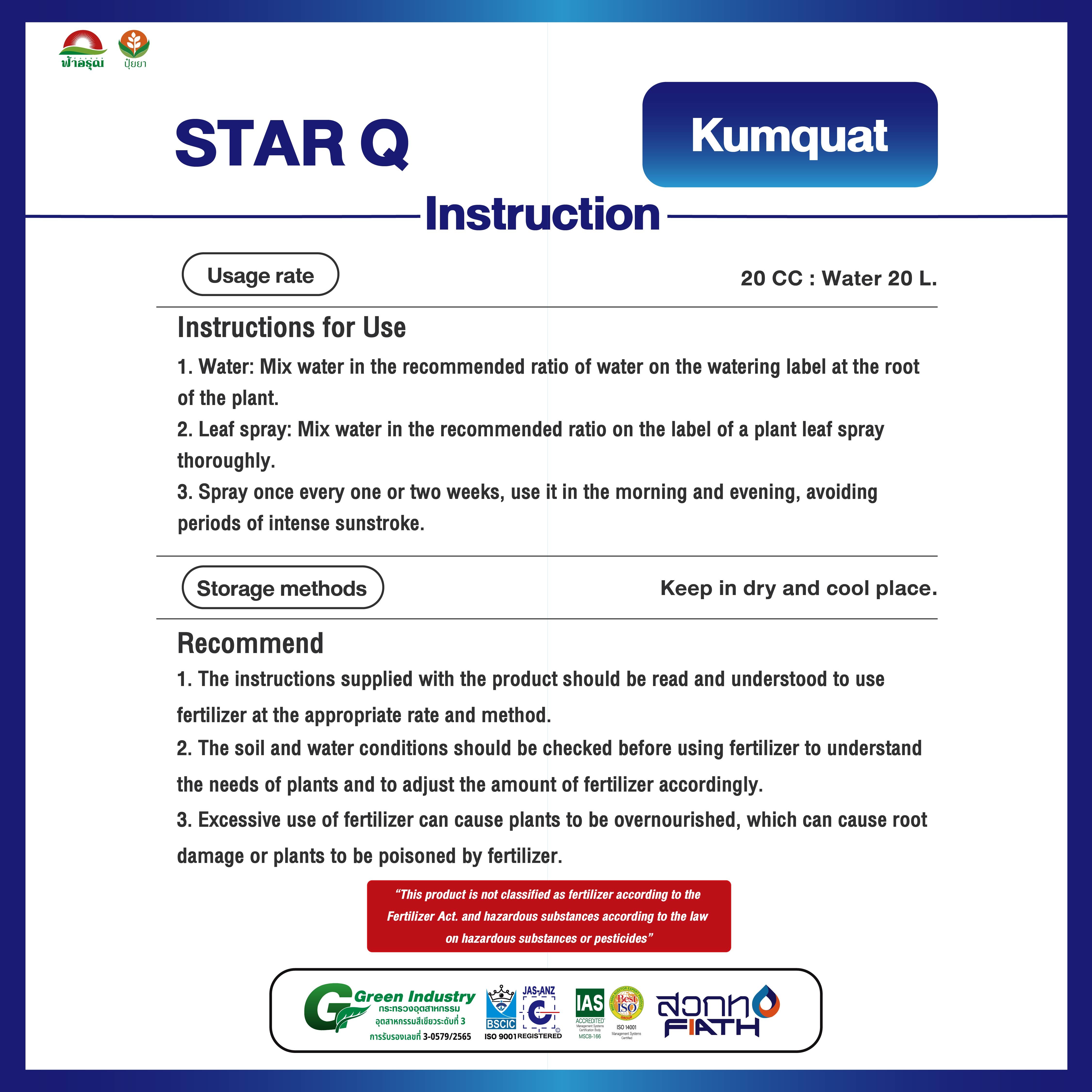 STAR Q Organic Liquid Fertilizer Humic Amino Fulvic Plant Nutrition from Thailand for Kumquat Agriculture