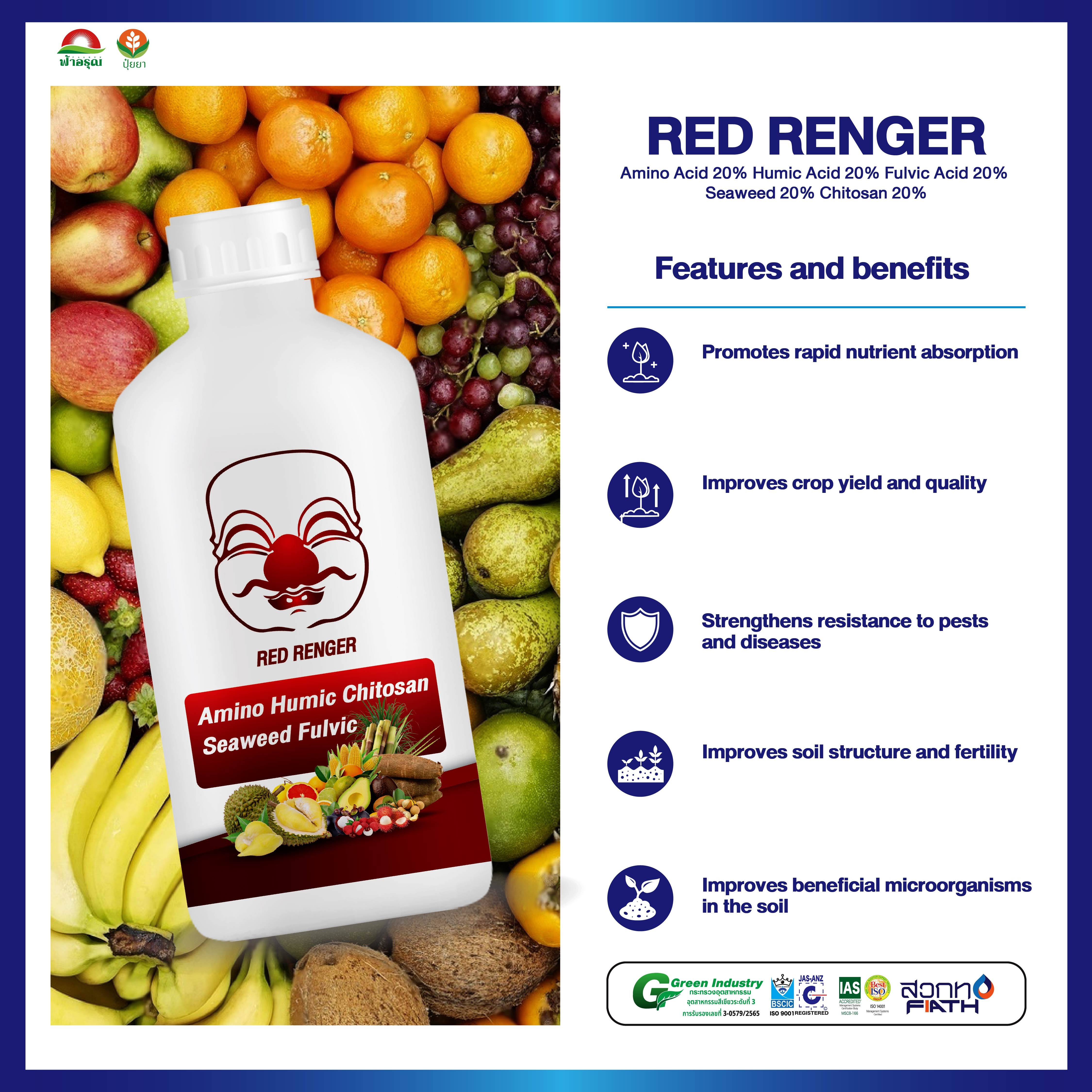 RED RENGER Liquid Amino Humic Fulvic Seaweed Chitrosan Fertilizer for Soil Nutrition in Agriculture Thailand